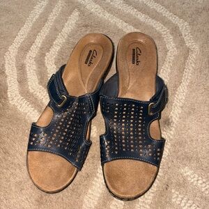 Clarks Navy Perforated Buckle Slide Sandals